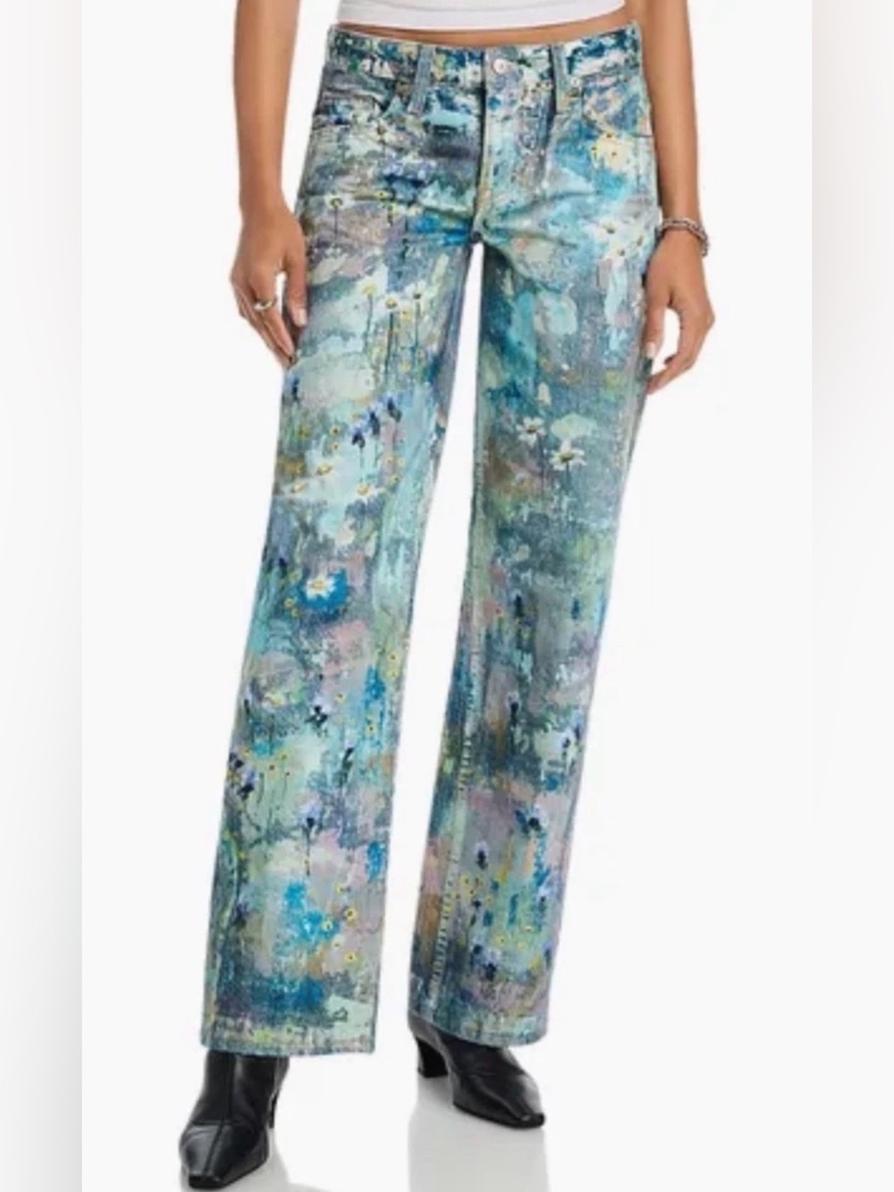 FREE PEOPLE Tennessee Low-Rise Boyfriend Jeans in Floral Canvas Blue Sz 26 NWT